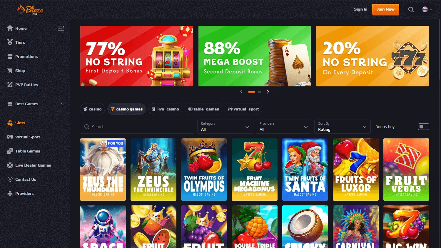 Blaze Spins Casino desktop games
