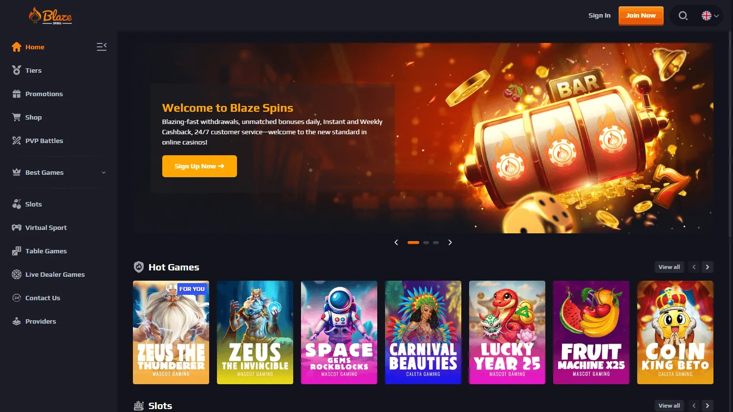 Blaze Spins Casino desktop home