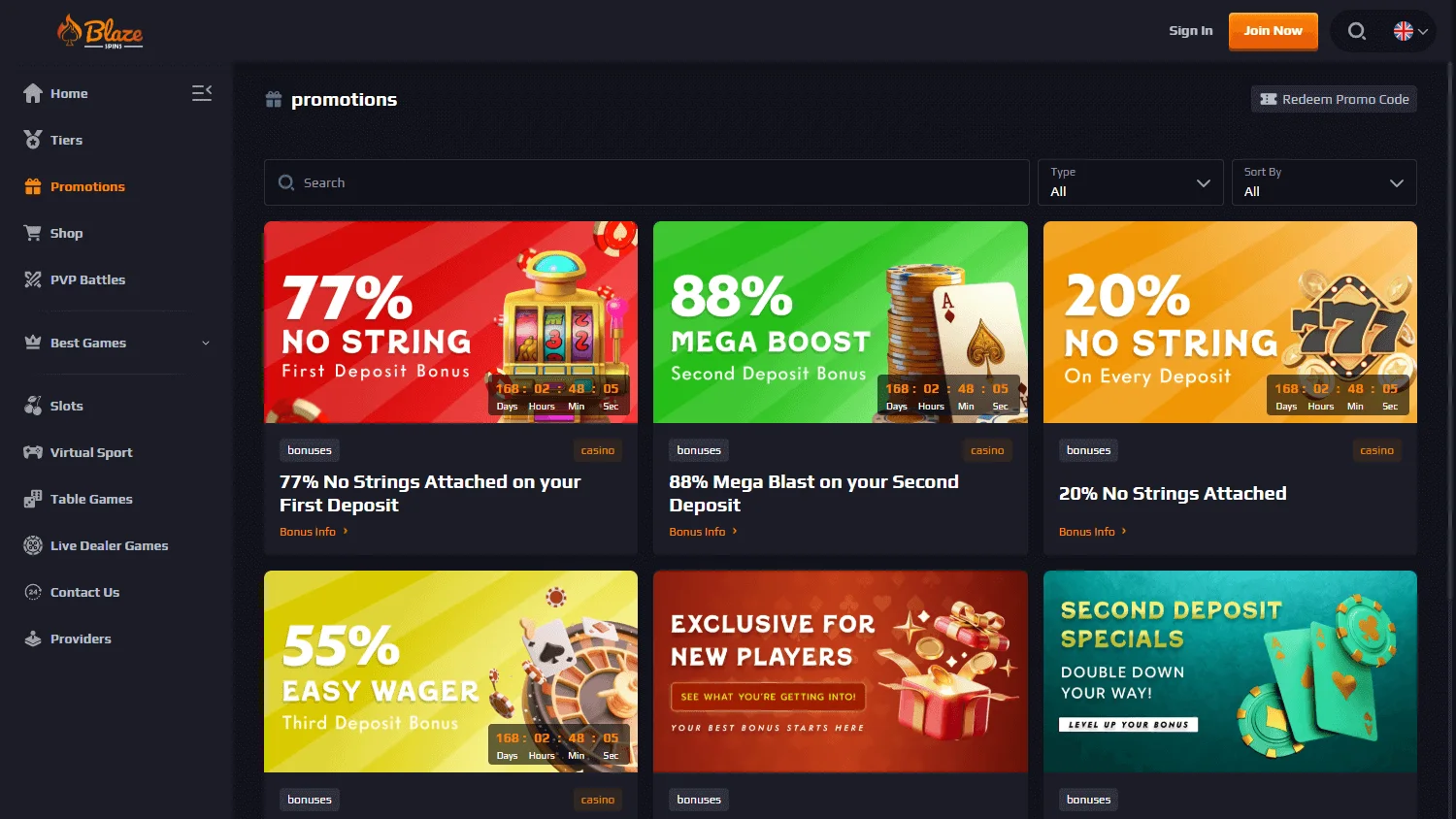 Blaze Spins Casino desktop promotions